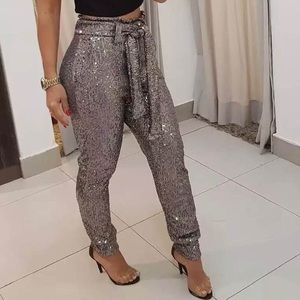 Sexy Stylish Skinny Glittery Sequins Silver Belted Pants